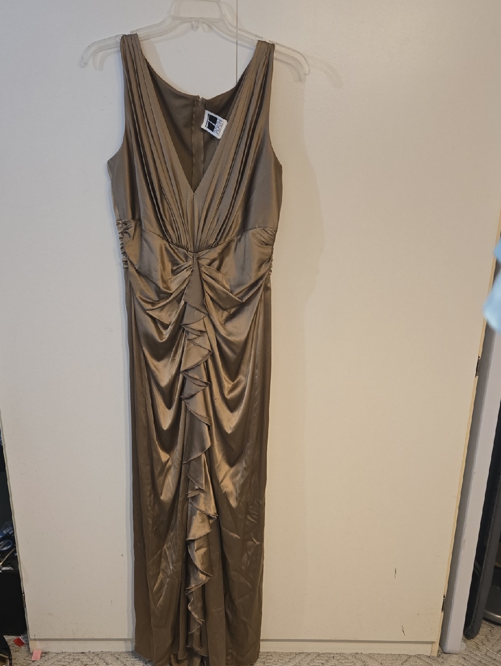 Ruched V-Neck Satin Maxi Dress in Taupe